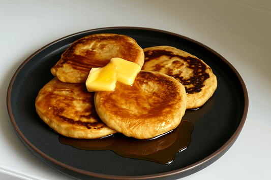 Sourdough discard pancakes with butter and syrup